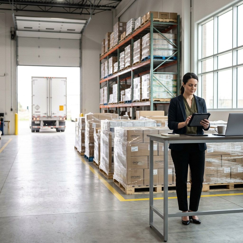 Logistics coordinator reviewing shipments at warehouse standing desk