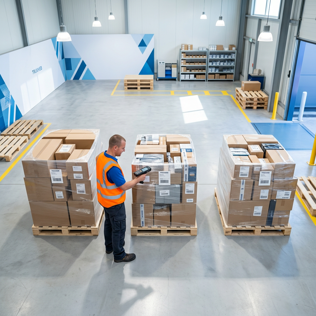 Warehouse worker scanning organized LTL pallets for shipment