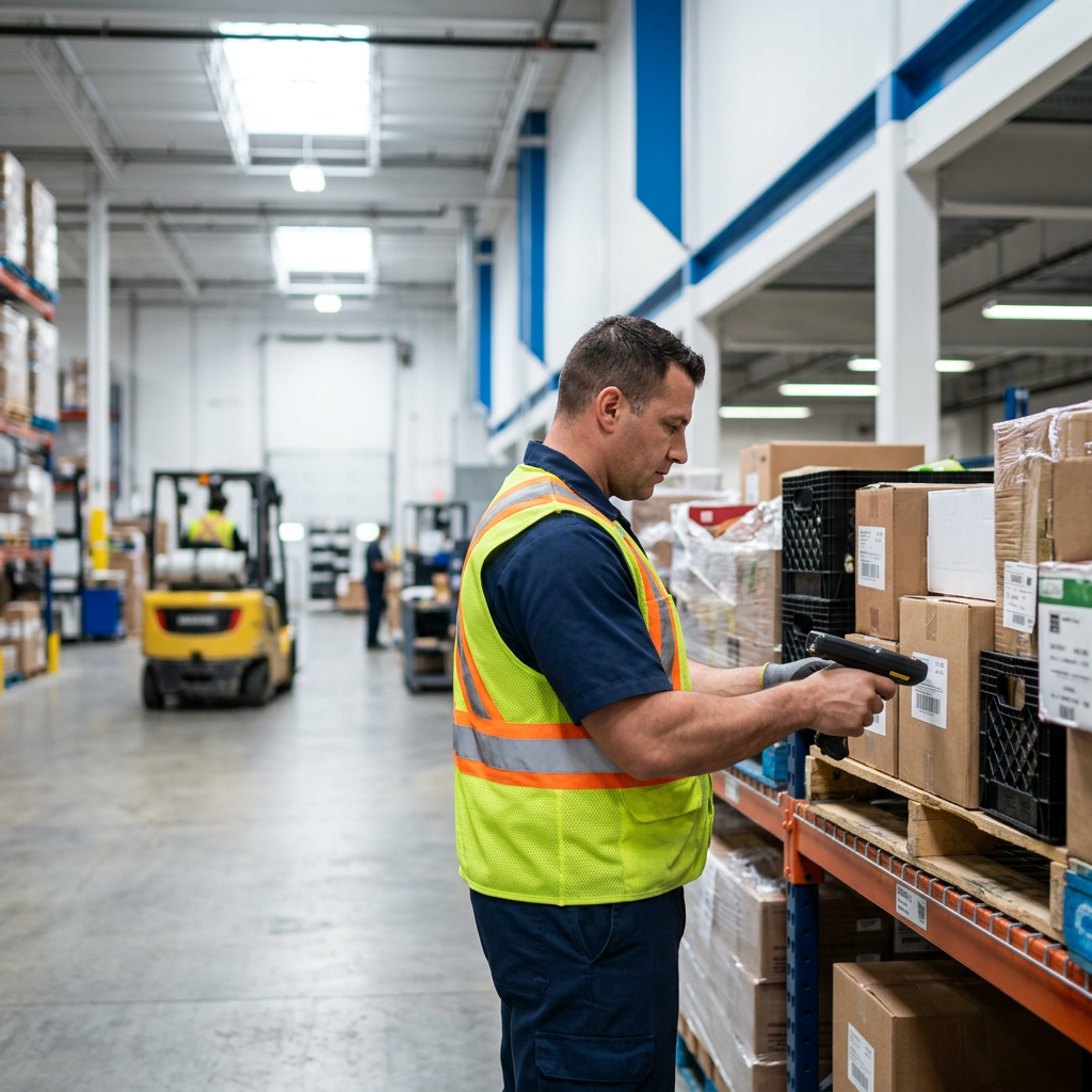Warehouse worker scanning mixed freight pallets