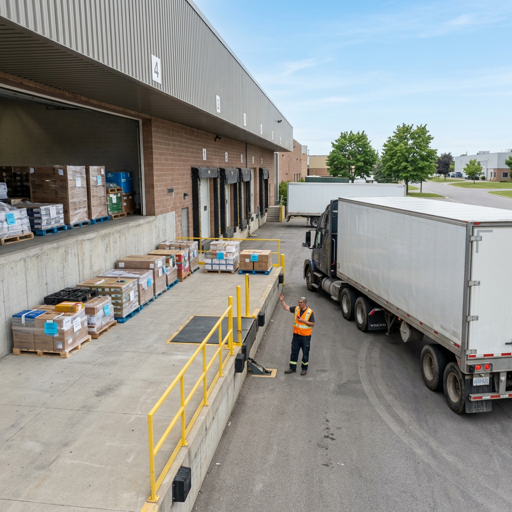 Organized warehouse dock with truck backing in for LTL pickup