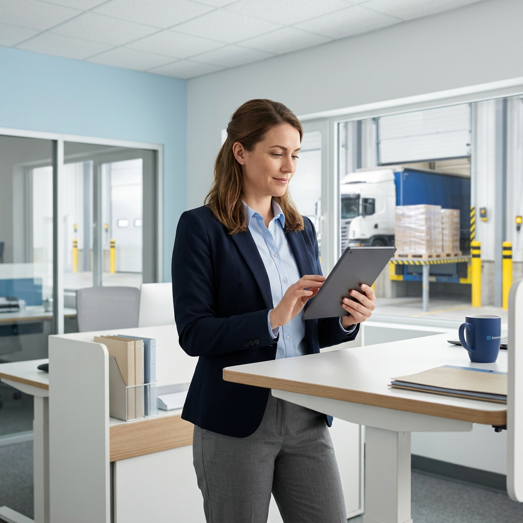 Logistics coordinator reviewing instant freight quotes at warehouse office desk