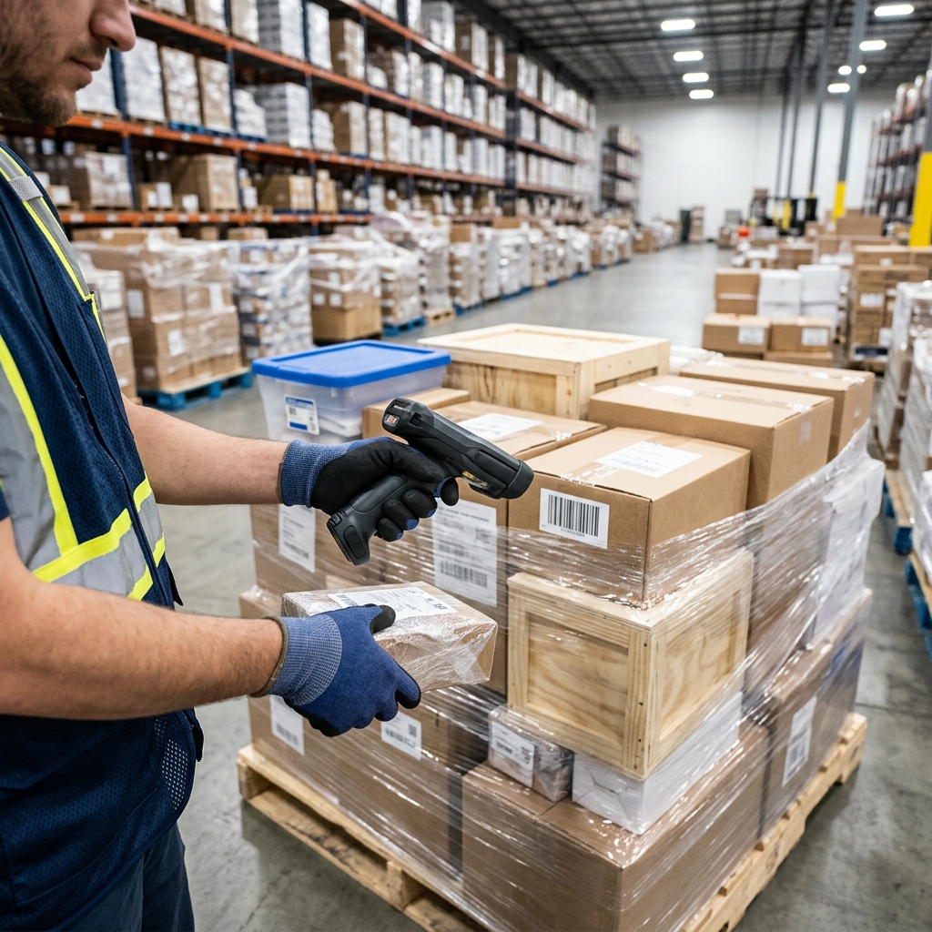 Warehouse worker scanning organized LTL pallets for shipment processing