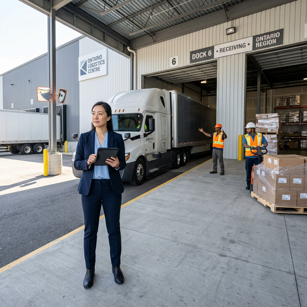 Warehouse manager coordinating freight shipment at loading dock
