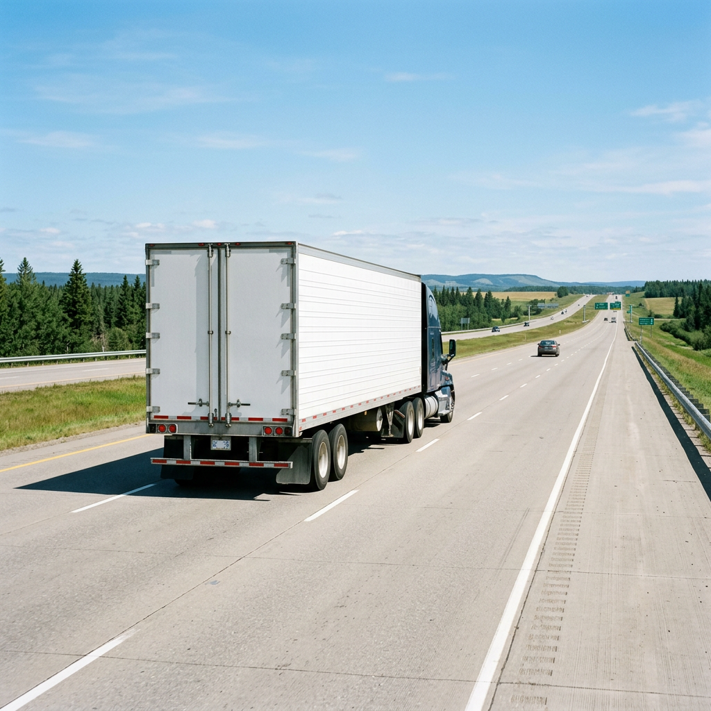 Transport truck moving along highway with momentum and purpose