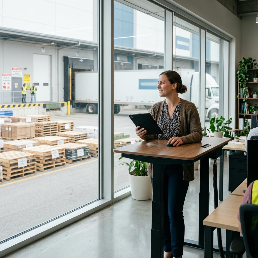 Logistics manager reviewing shipment on tablet at warehouse dock