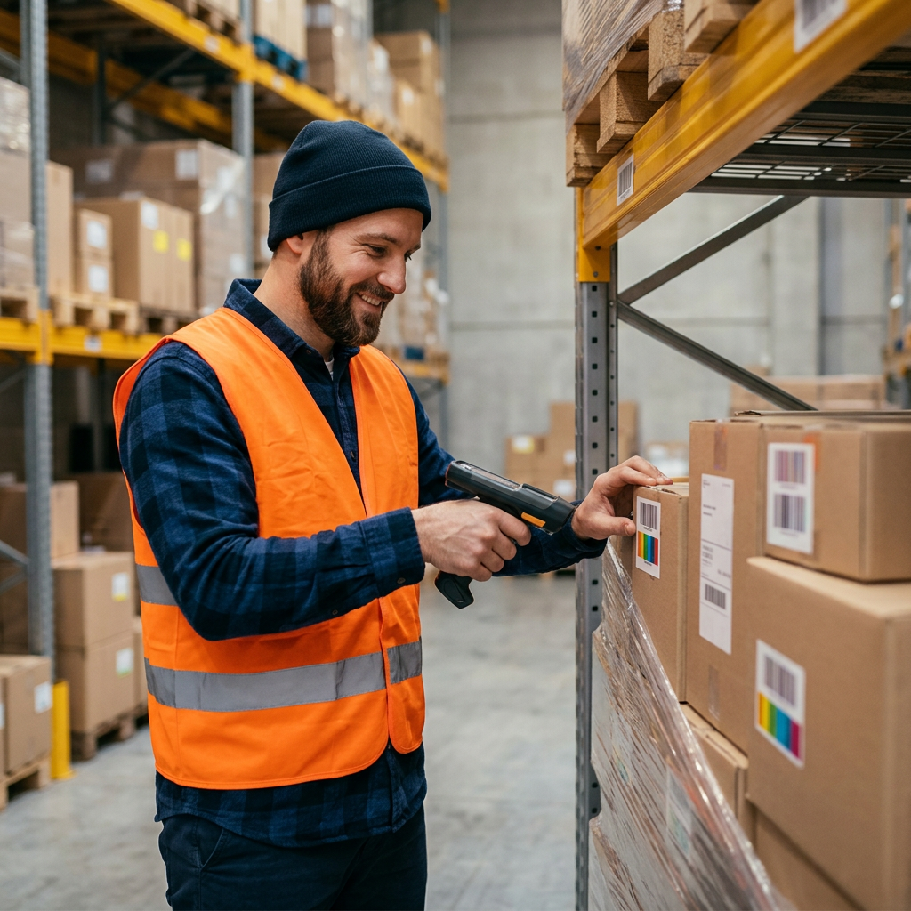 Warehouse worker scanning LTL pallets with calm confidence