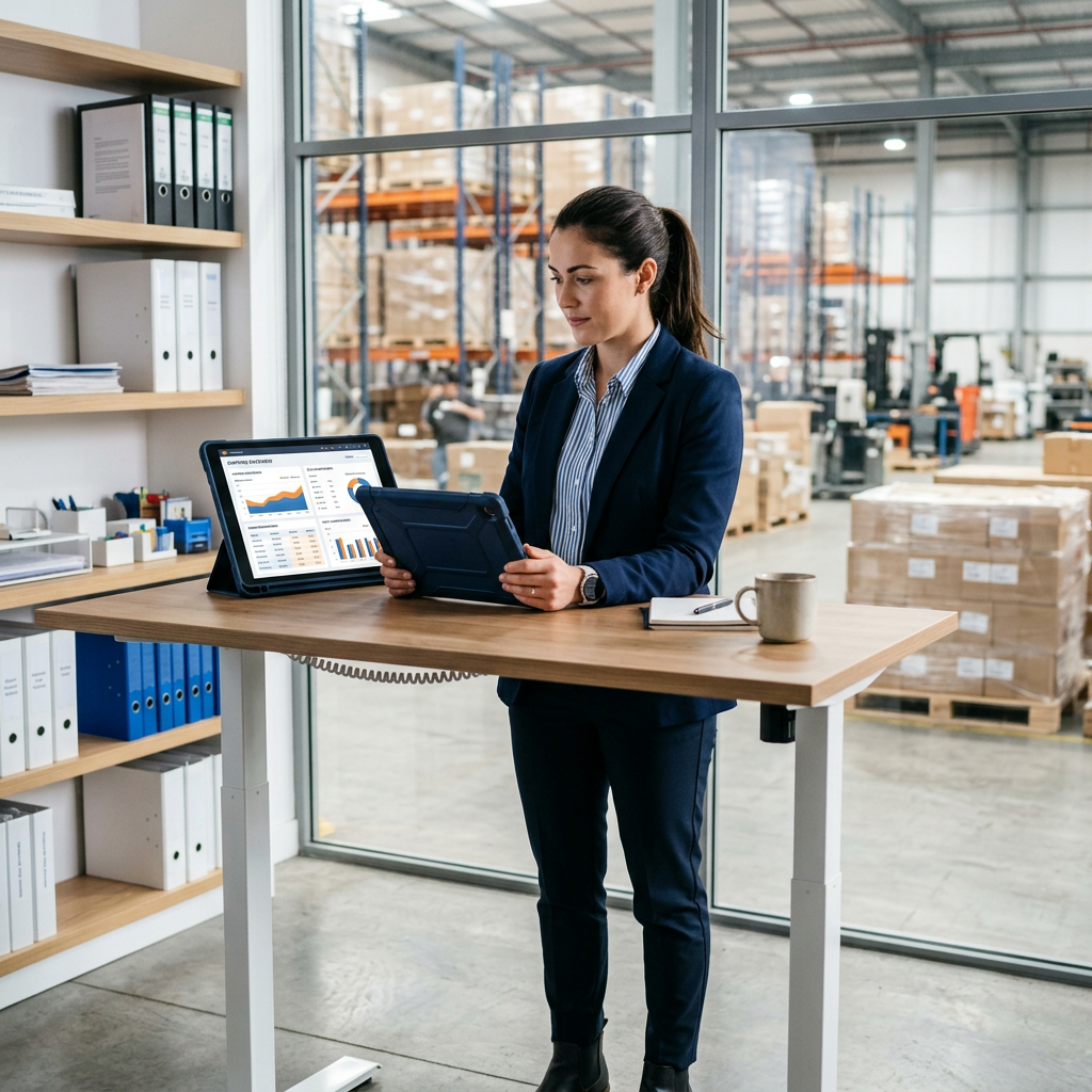 Logistics manager reviewing freight rates on digital dashboard
