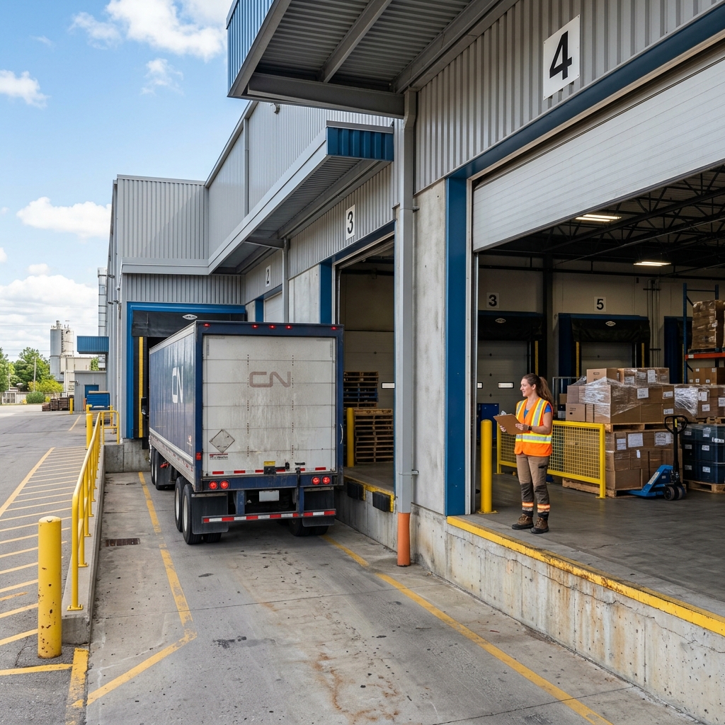 Truck backing into warehouse loading dock during pickup