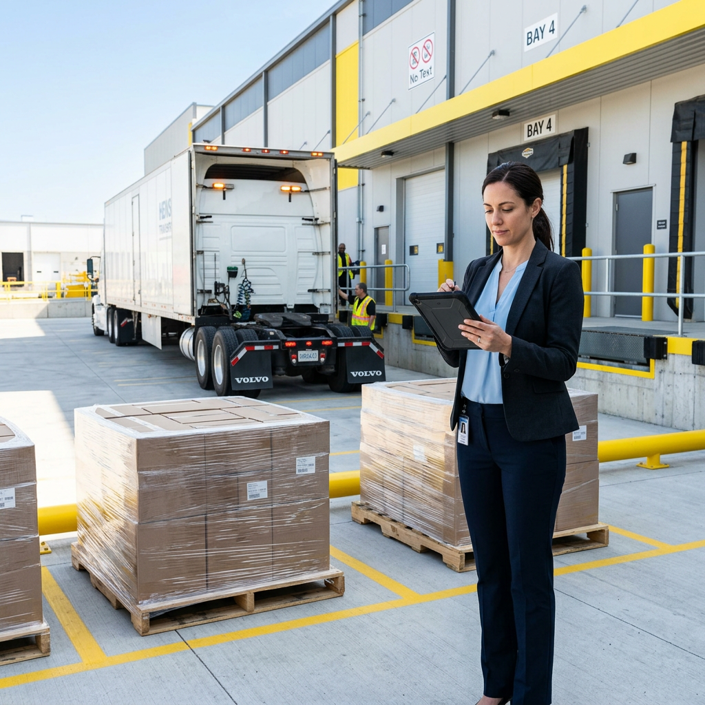 Logistics coordinator reviewing tablet at warehouse dock