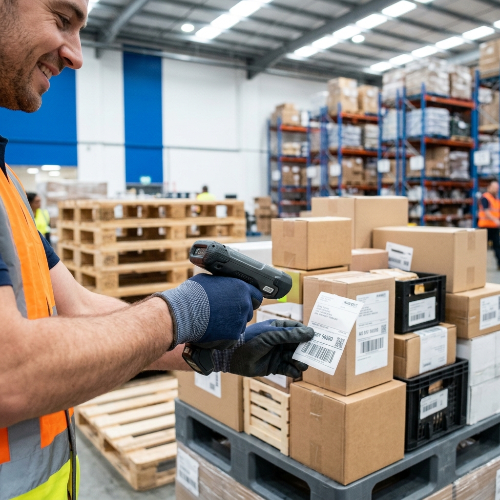 Warehouse worker scanning mixed LTL freight shipment efficiently