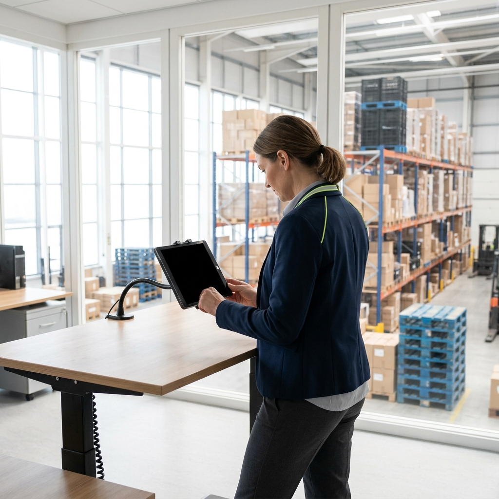 Logistics manager reviewing shipping costs on tablet