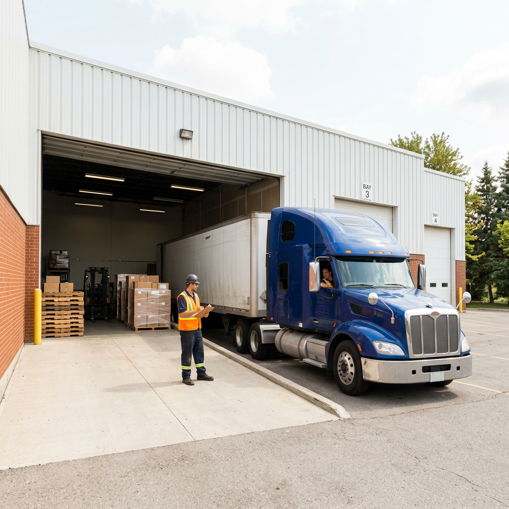 Truck reversing into organized warehouse loading dock