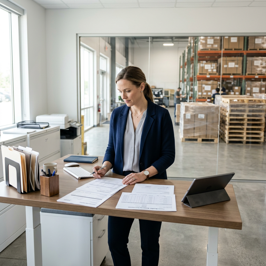 Logistics coordinator reviewing cross-border shipping documents