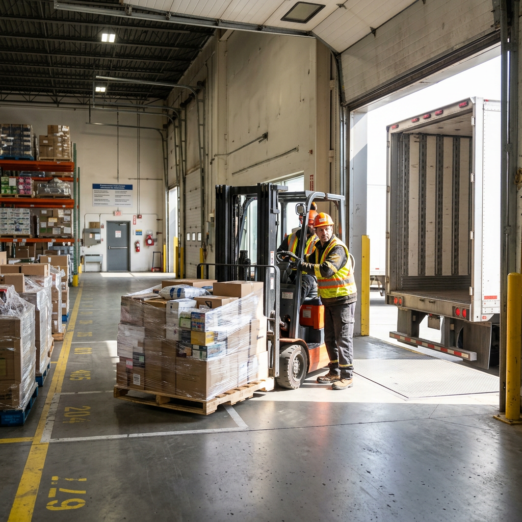 Warehouse dock worker preparing LTL freight for cross-border shipment