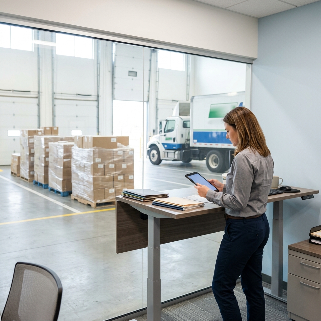 Logistics manager reviewing shipment documents at warehouse desk