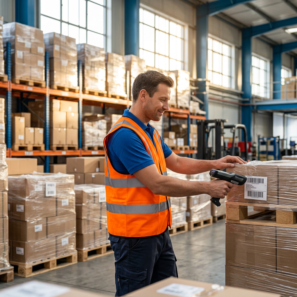 Warehouse worker scanning pallet barcode during LTL shipment processing