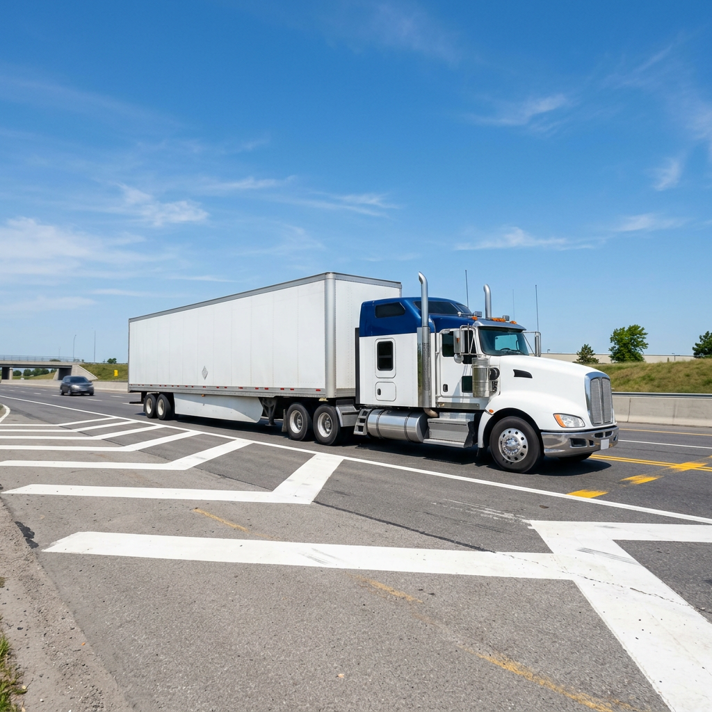Transport truck cruising confidently on major highway