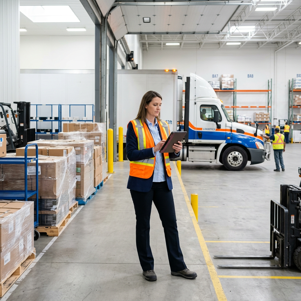 Logistics manager reviewing shipment at loading dock