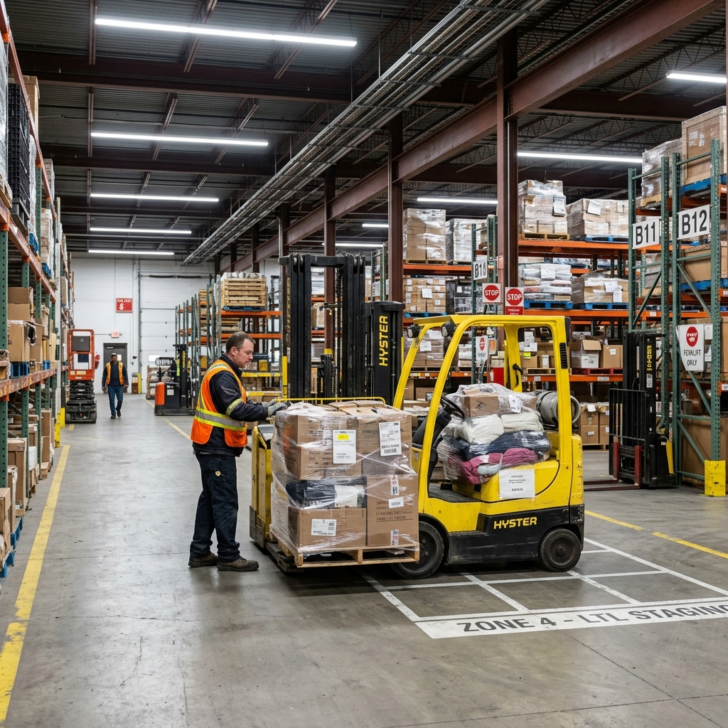 Warehouse worker loading mixed pallets for LTL shipment