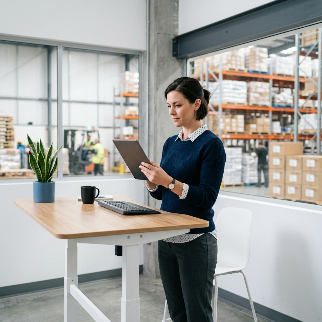 Logistics manager reviewing shipment data on tablet
