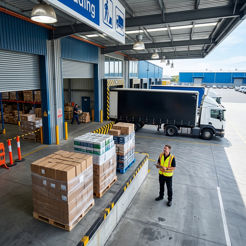 Warehouse dock with staged pallets and incoming transport truck