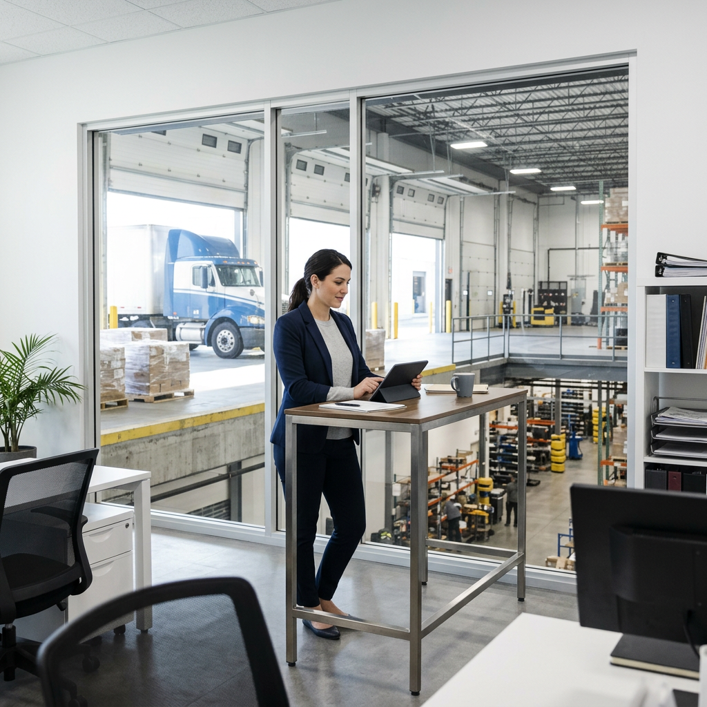 Logistics coordinator reviewing rates on tablet by warehouse