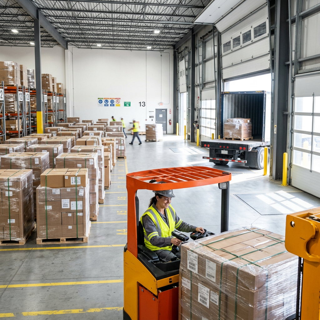 Warehouse worker scanning mixed pallets during organized loading