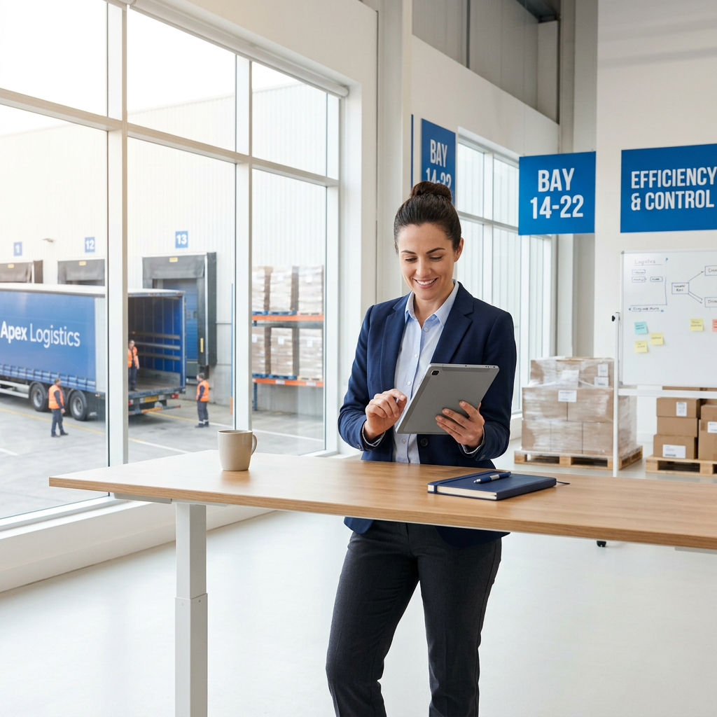 Logistics manager reviewing shipments with calm confidence