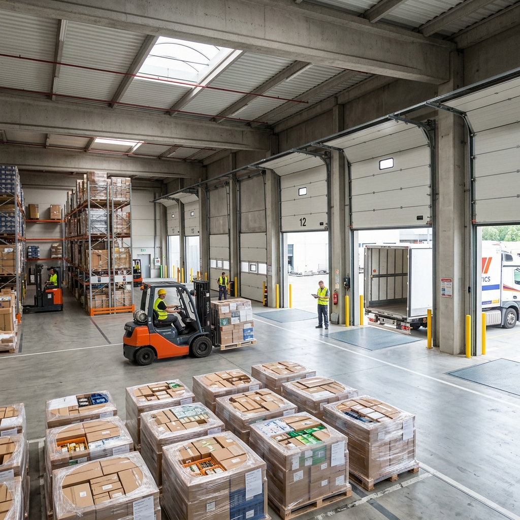 Organized warehouse dock with mixed freight ready for pickup