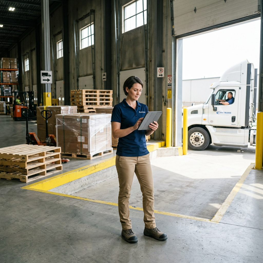 Logistics manager reviewing rates at loading dock