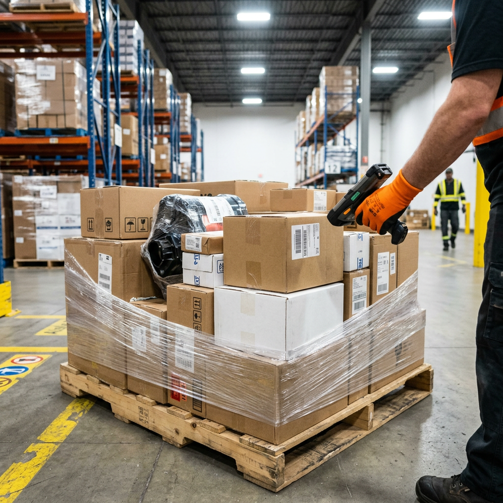Worker scanning mixed LTL pallets in warehouse