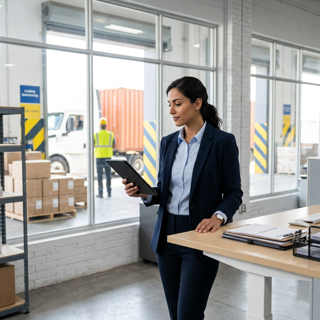 Logistics manager reviewing freight data at warehouse office