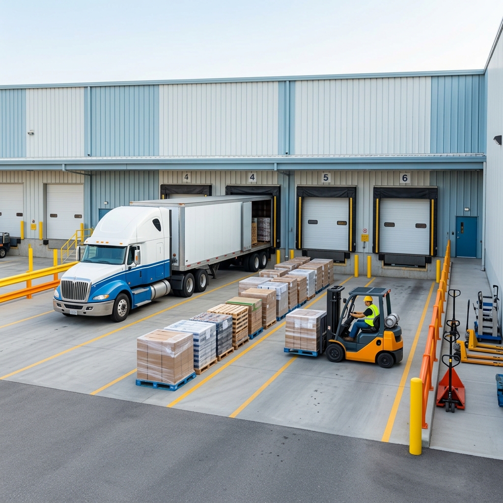 Organized warehouse dock with forklift and staged freight pallets