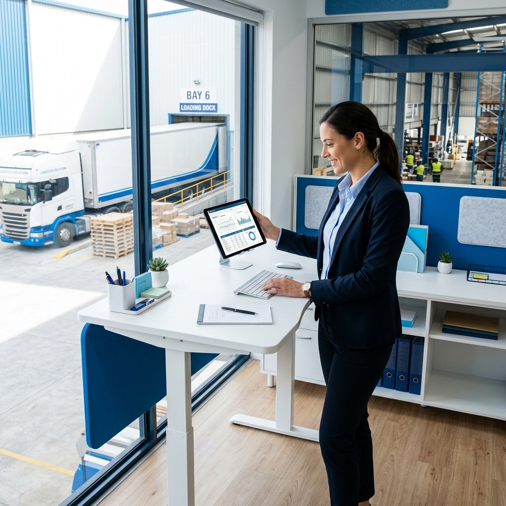 Logistics manager reviewing shipments on tablet at warehouse desk