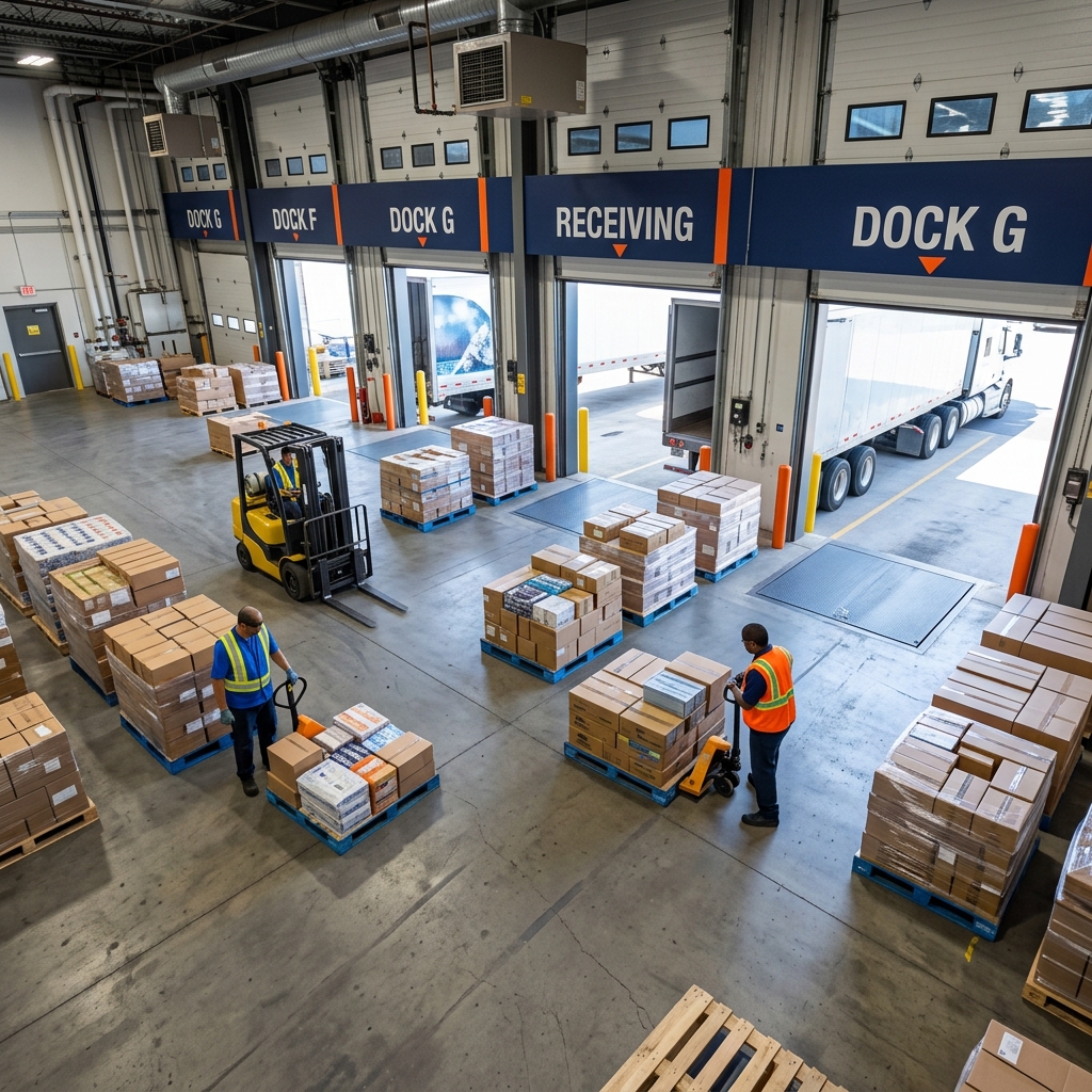 Warehouse workers staging mixed pallets at loading dock