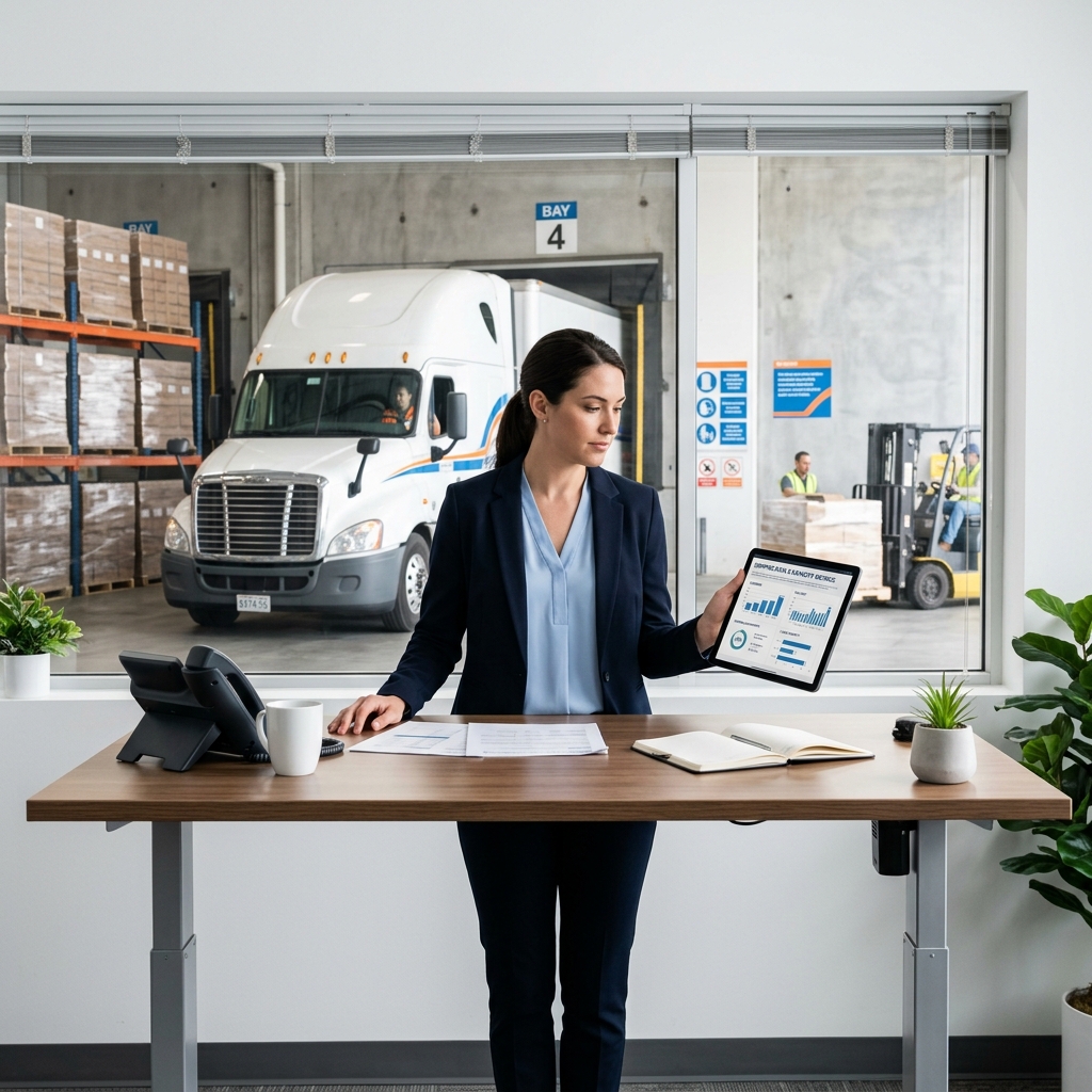 Logistics manager reviewing capacity data at warehouse office