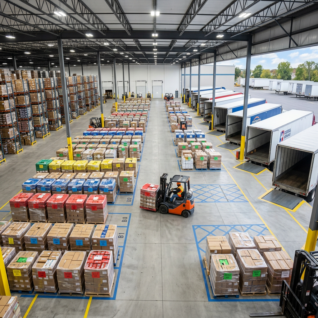 Organized warehouse loading dock with LTL freight staging
