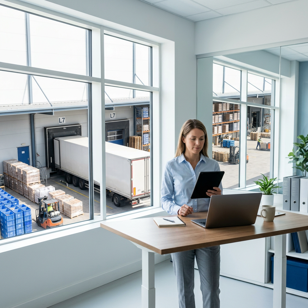 Logistics manager reviewing freight rates on tablet at warehouse desk