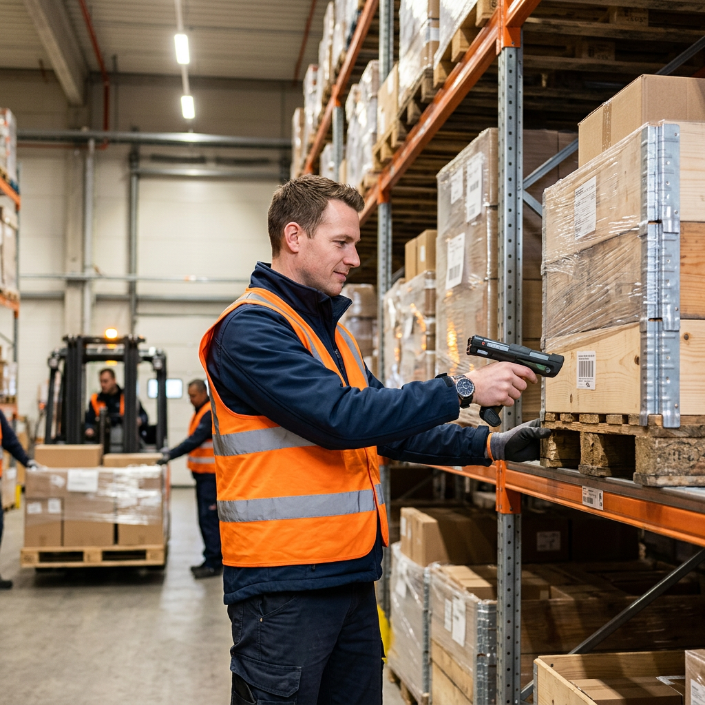 Warehouse worker scanning LTL freight with organized pallets visible