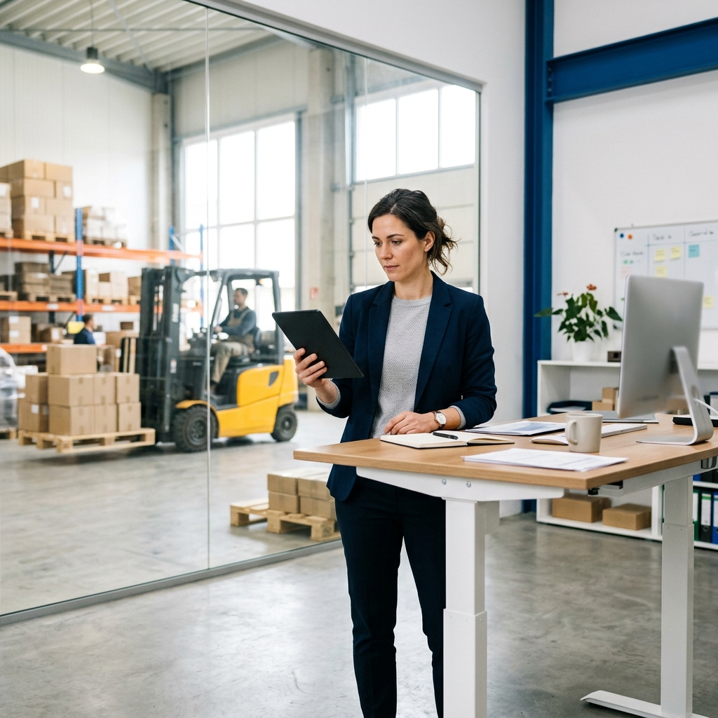 Logistics manager reviewing freight data at warehouse desk
