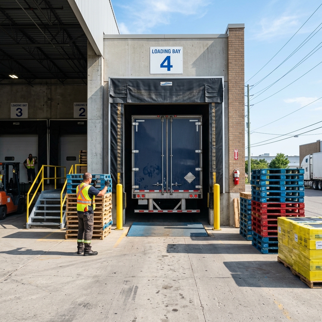 Transport truck backing into organized loading dock