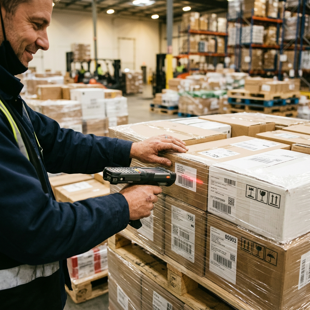 Warehouse worker scanning LTL freight pallets