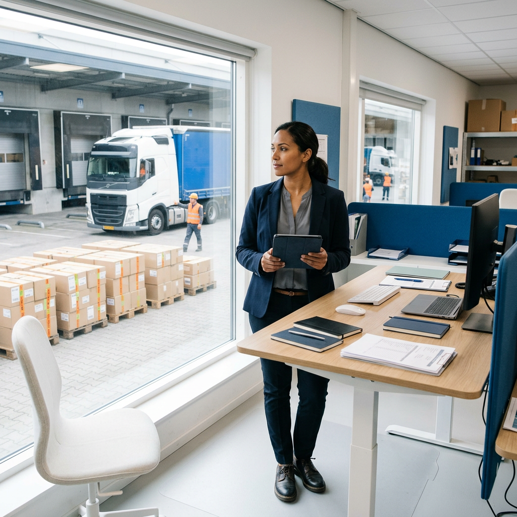 Logistics manager reviewing shipments at warehouse office desk