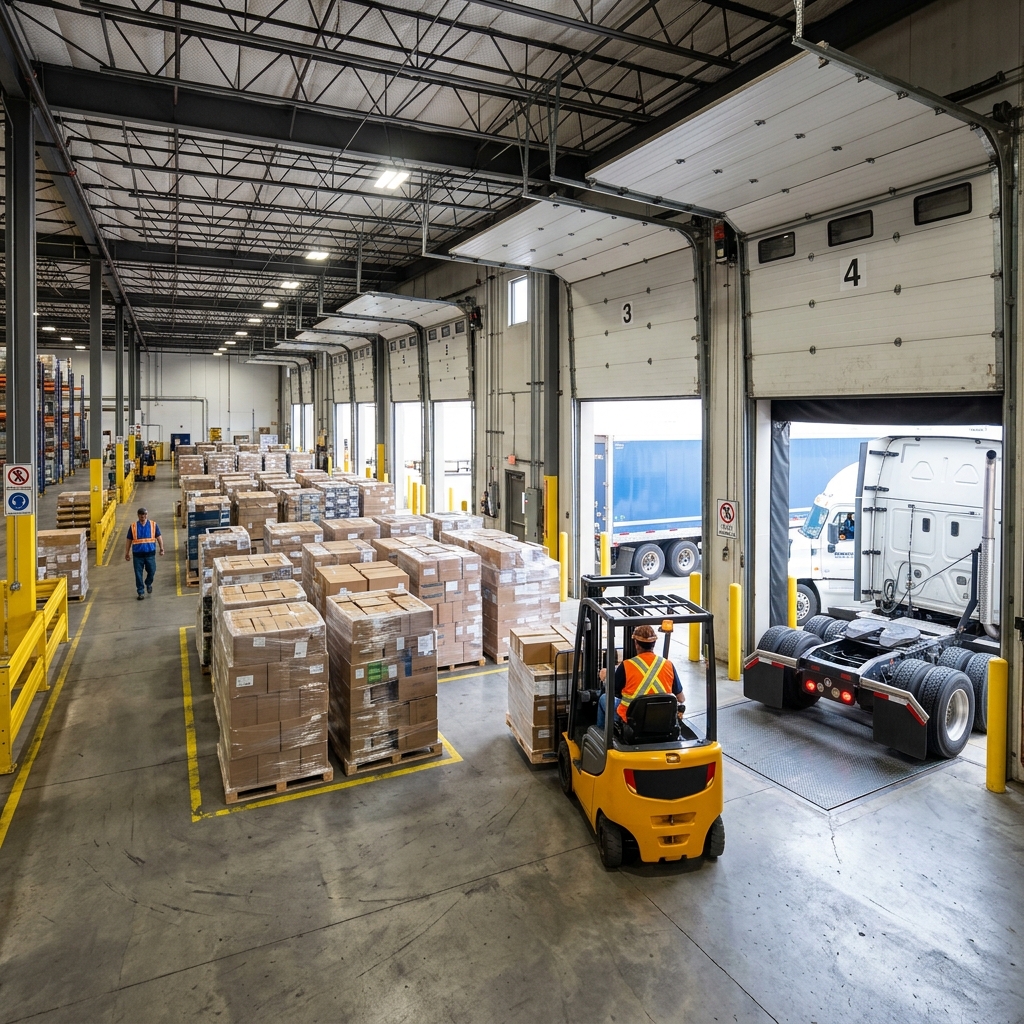 Warehouse workers loading mixed freight onto transport truck