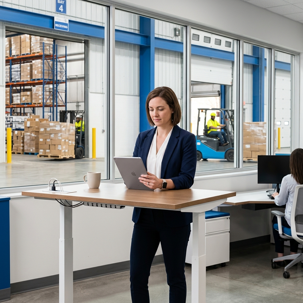 Logistics coordinator reviewing digital shipping dashboard at standing desk