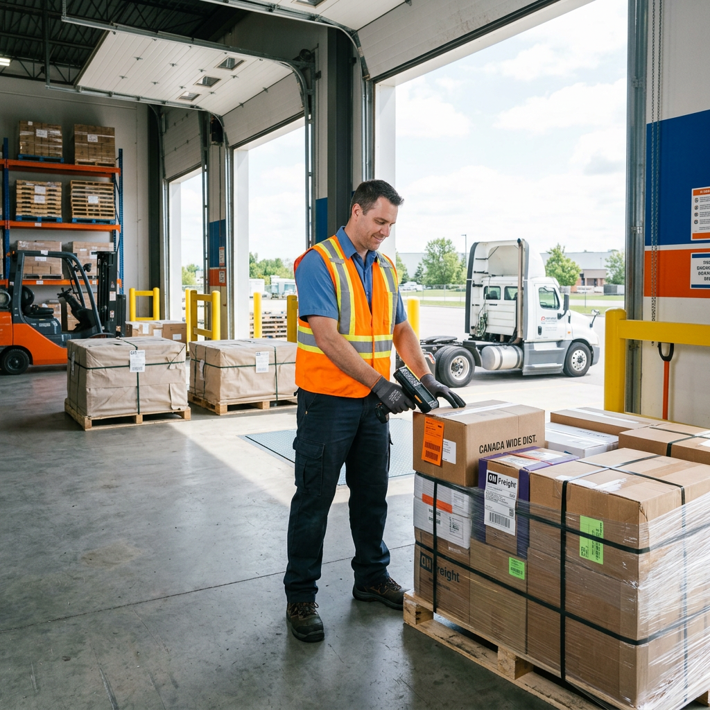 Warehouse worker scanning pallet with truck backing into loading dock
