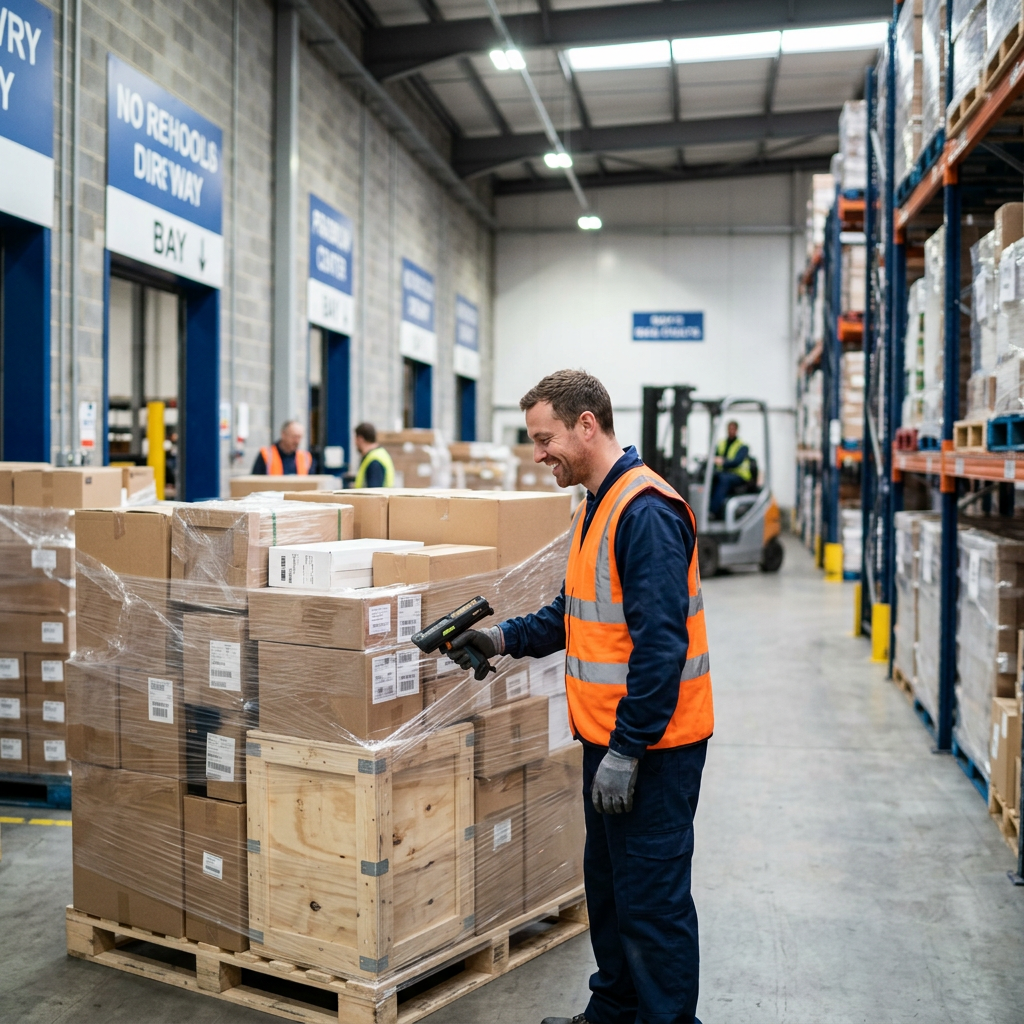 Warehouse worker scanning LTL pallets with confidence in organized facility