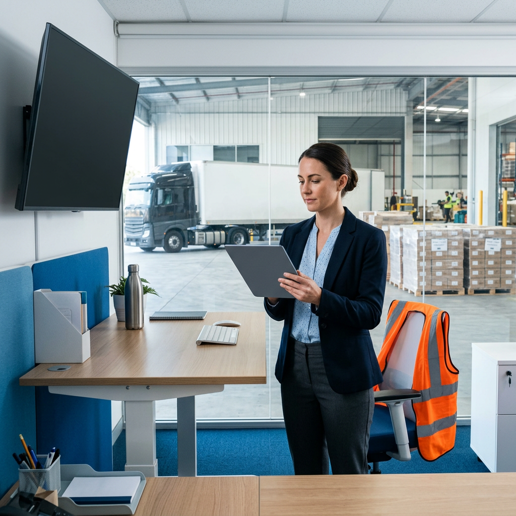 Logistics manager reviewing shipping dashboard at warehouse office