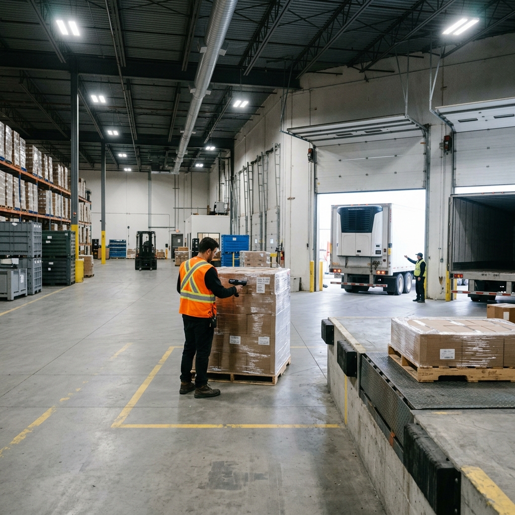 Warehouse worker scanning LTL freight for border shipment