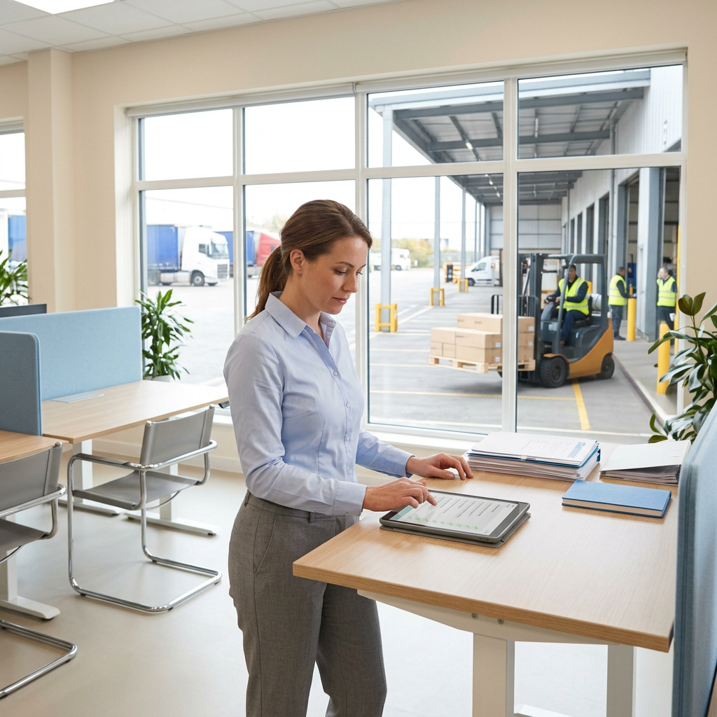 Logistics manager reviewing documentation checklist on tablet